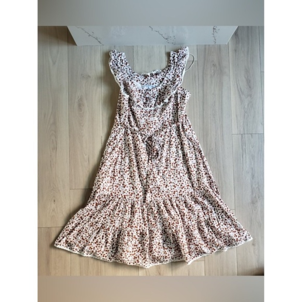 RIXO Floral Midi Dress Womens 2X Brown Cotton Ruffle Cottagecore - Picture 3 of 6
